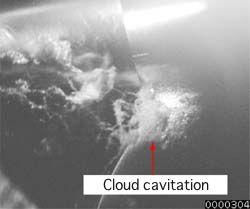 t = 0ﾎｼs Cloud cavitation generated on a propeller blade surface